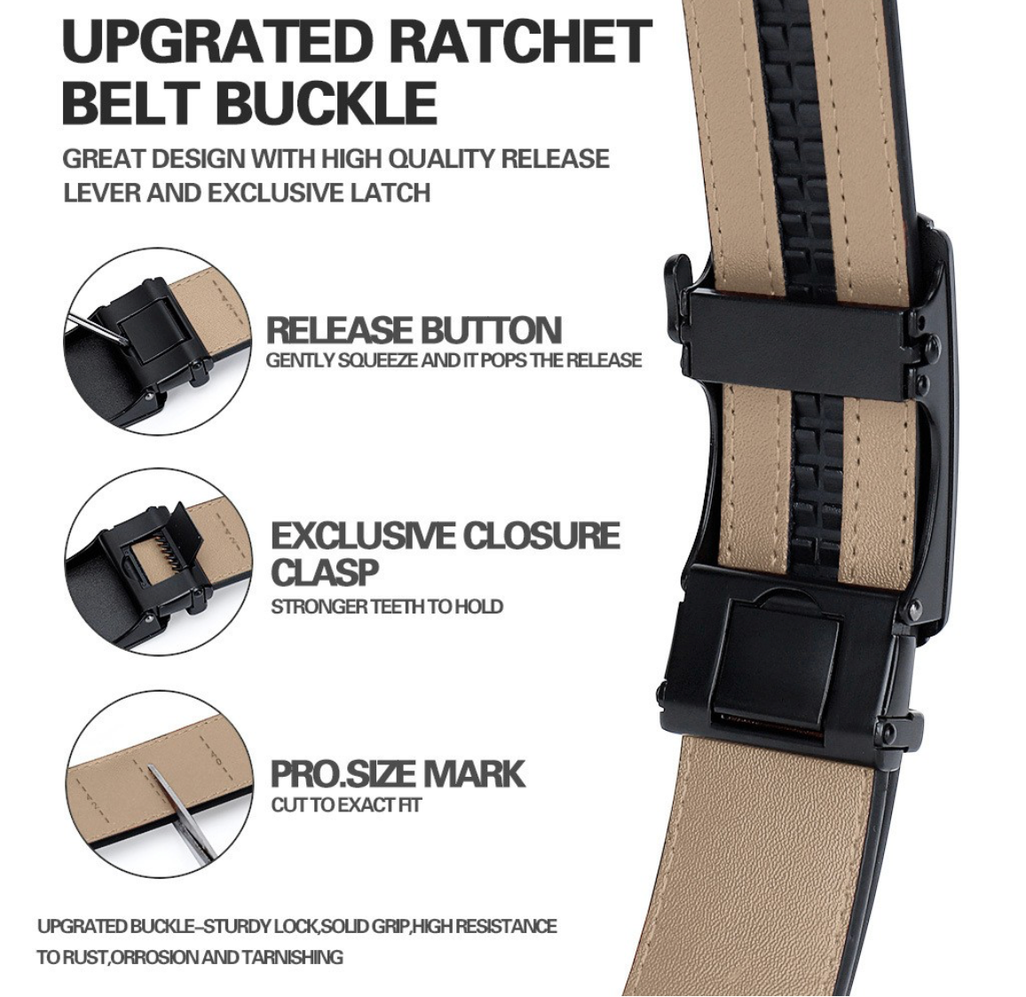 Upgraded ratchet belt buckle features — release button, exclusive closure clasp, and pro size mark for custom fit