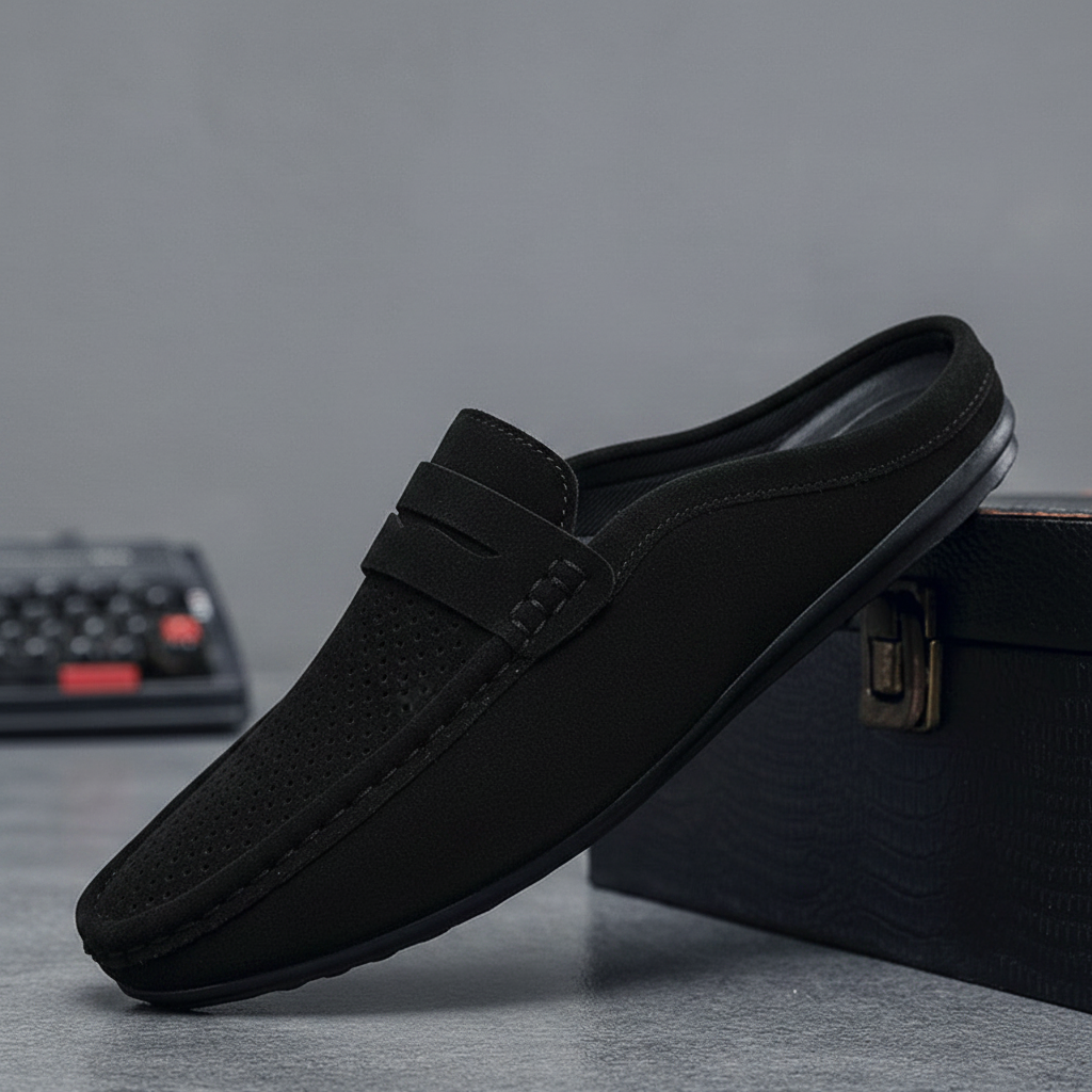 Black Suede Slip-On Mule – Perforations on Top