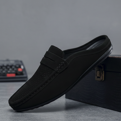 Black Suede Slip-On Mule – Perforations on Top