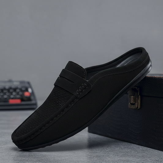 Black Suede Slip-On Mule – Perforations on Top
