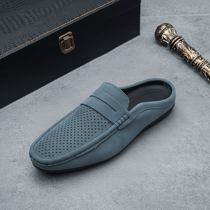 Single Blue Suede Mule – 3/4 Front Angle, Grey Background